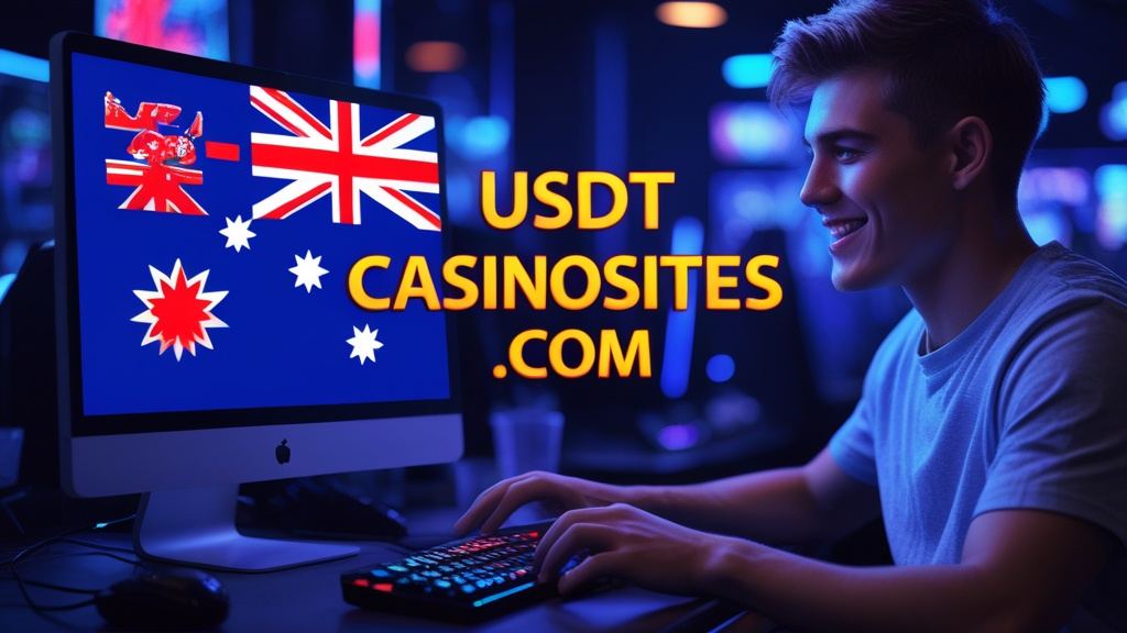 Illustration for the Australia section of usdtcasinosites.com, with the Australian flag and a player at a screen