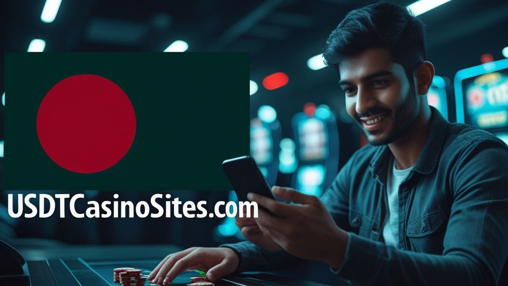 Illustration for the Bangladesh section of usdtcasinosites.com, with the Bangladeshi flag and a player at a screen