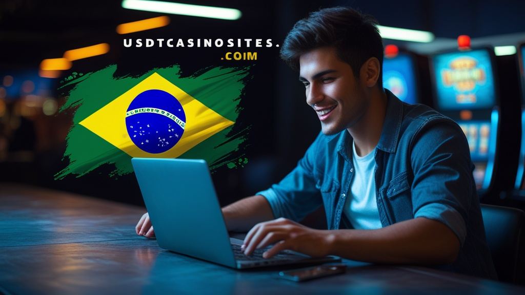 Illustration for the Brazil section of usdtcasinosites.com, with the Brazilian flag and a player at a screen