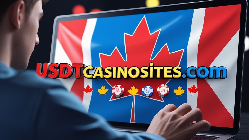 Illustration for the Canada section of usdtcasinosites.com, with the Canadian flag and a player at a screen