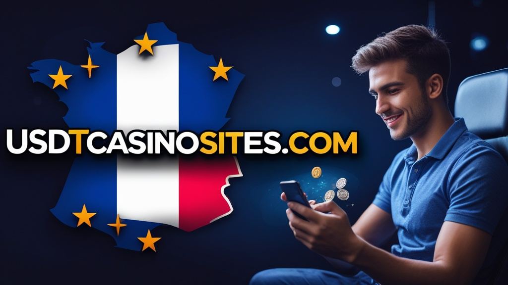 Illustration for the France section of usdtcasinosites.com, with the French flag and a player at a screen