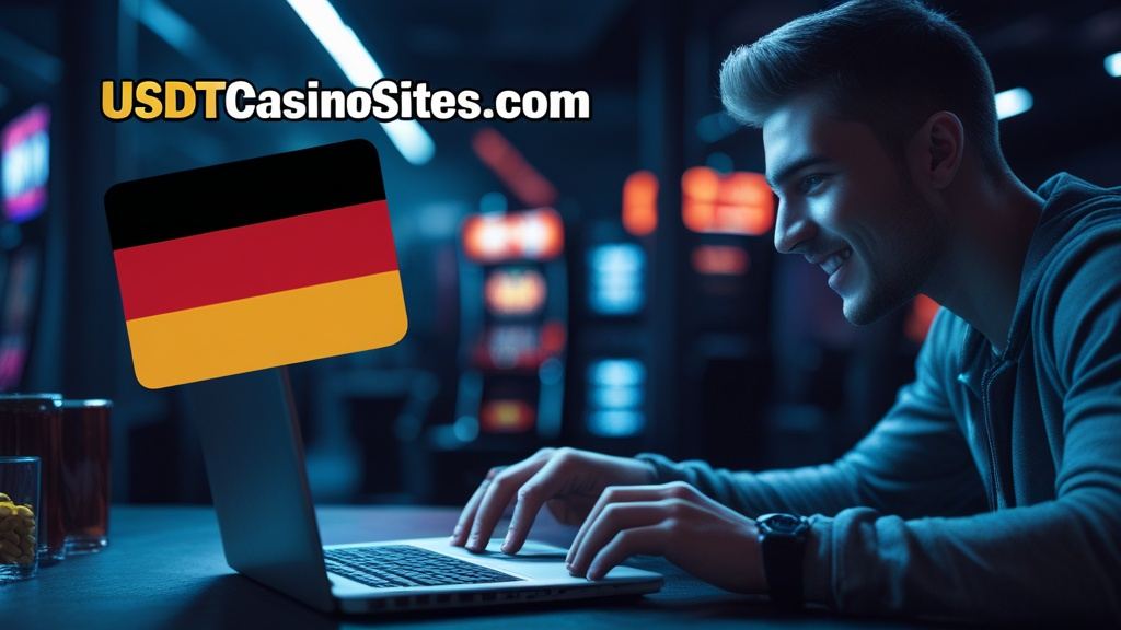 Illustration for the Germany section of usdtcasinosites.com, with the German flag and a player at a screen