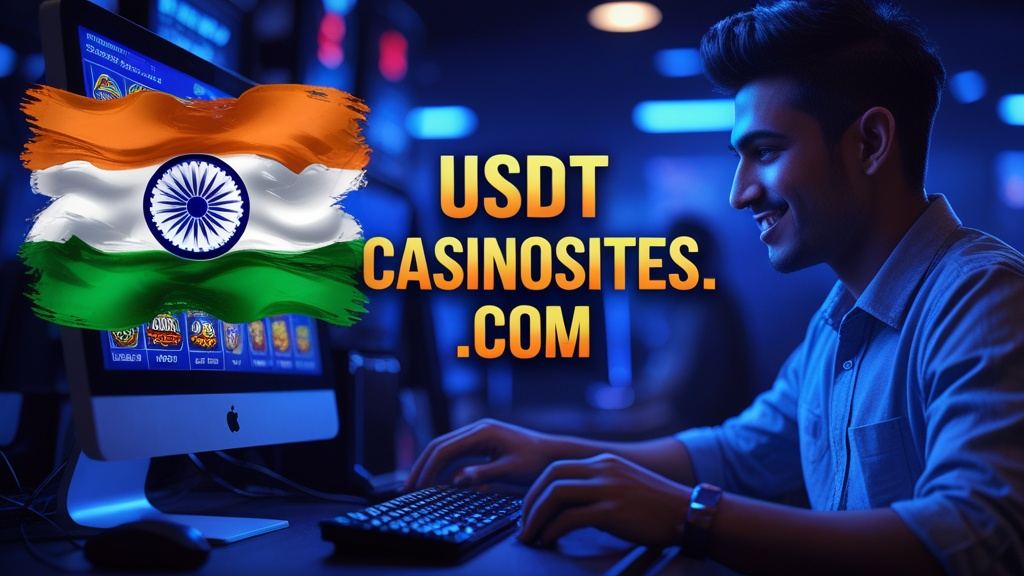 Illustration for the India section of usdtcasinosites.com, with the Indian flag and a player at a screen