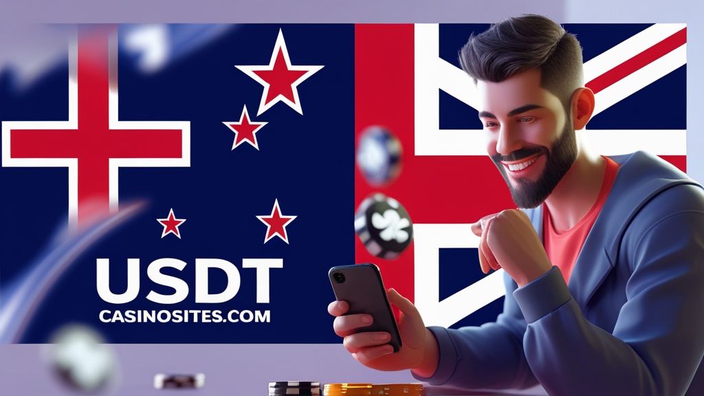 Illustration for the New Zealand section of usdtcasinosites.com, with the New Zealand flag and a player at a screen