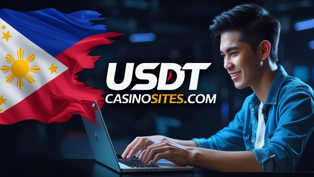 Illustration for the the Philippines section of usdtcasinosites.com, with the Philippine flag and a player at a screen