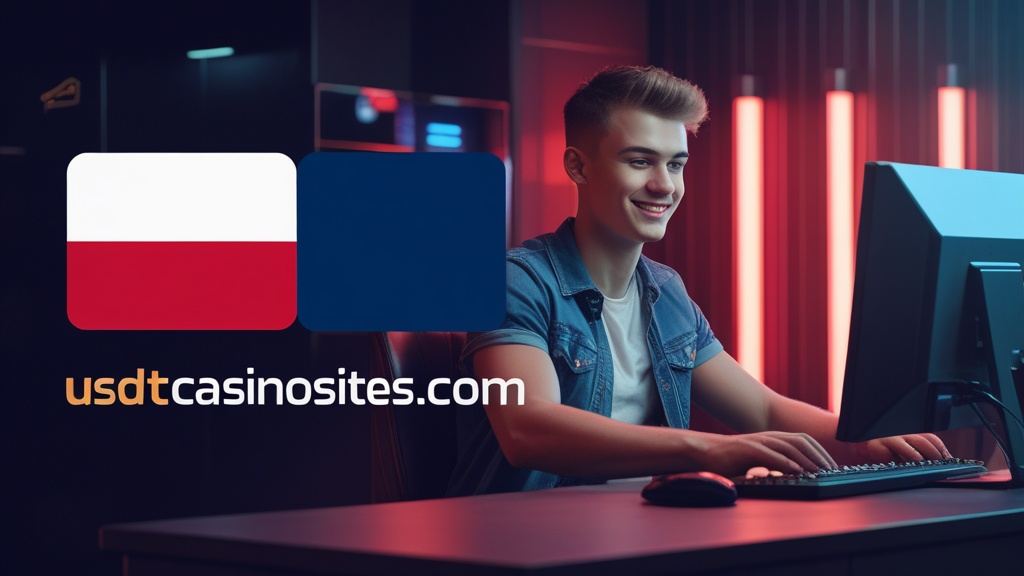 Illustration for the Poland section of usdtcasinosites.com, with the Polish flag and a player at a screen