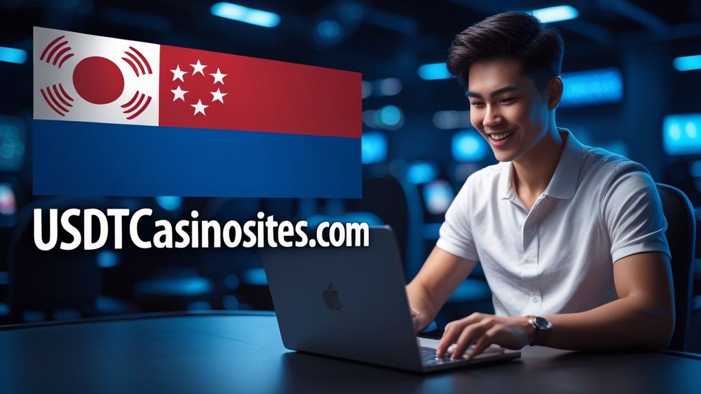 Illustration for the Singapore section of usdtcasinosites.com, with the Singaporean flag and a player at a screen