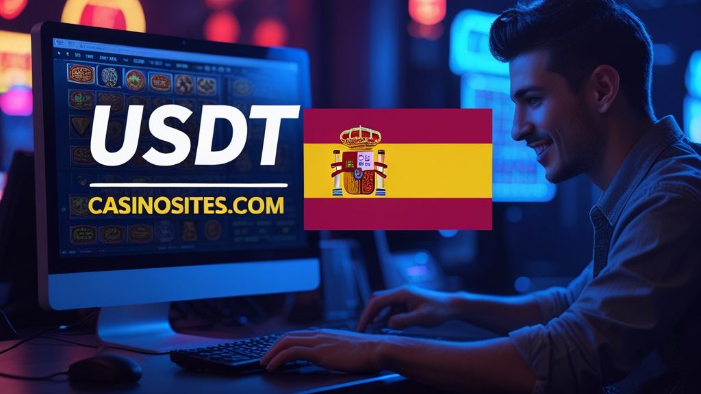 Illustration for the Spain section of usdtcasinosites.com, with the Spanish flag and a player at a screen