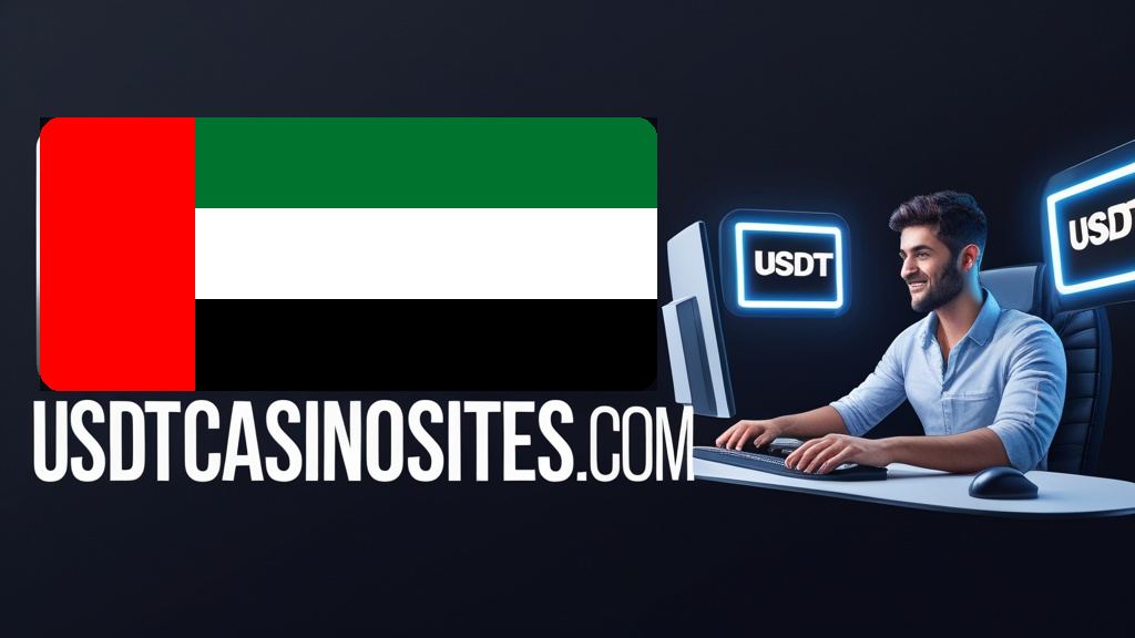 Illustration for the the UAE section of usdtcasinosites.com, with the Emirati flag and a player at a screen