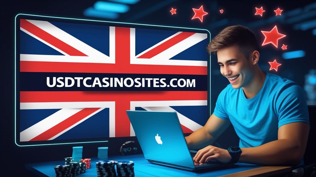 Illustration for the the UK section of usdtcasinosites.com, with the British flag and a player at a screen