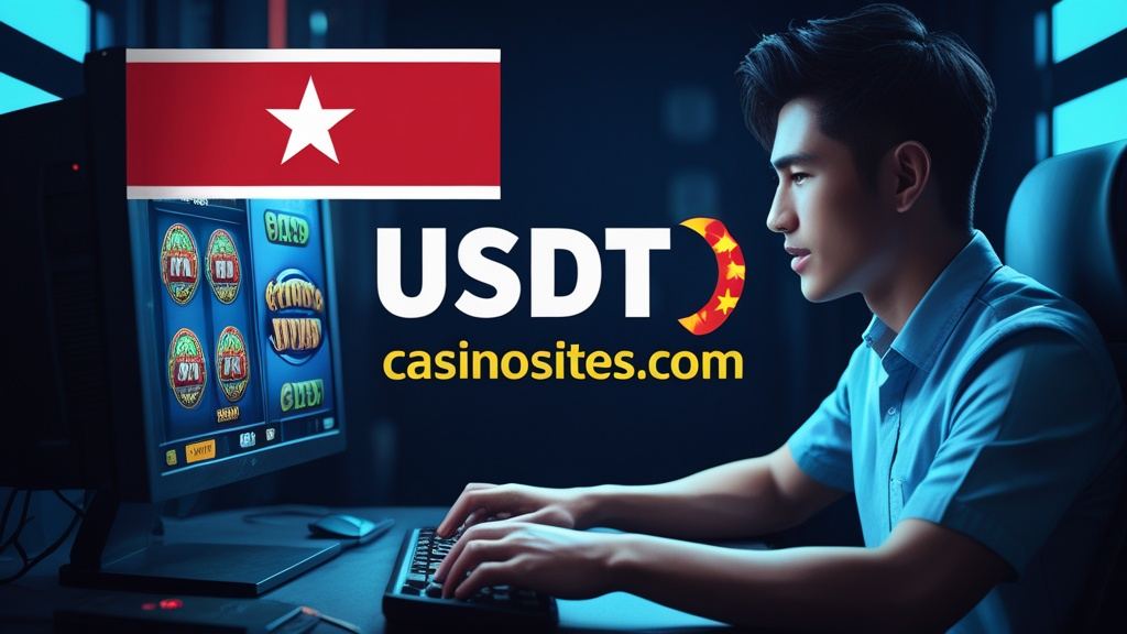 Illustration for the Vietnam section of usdtcasinosites.com, with the Vietnamese flag and a player at a screen