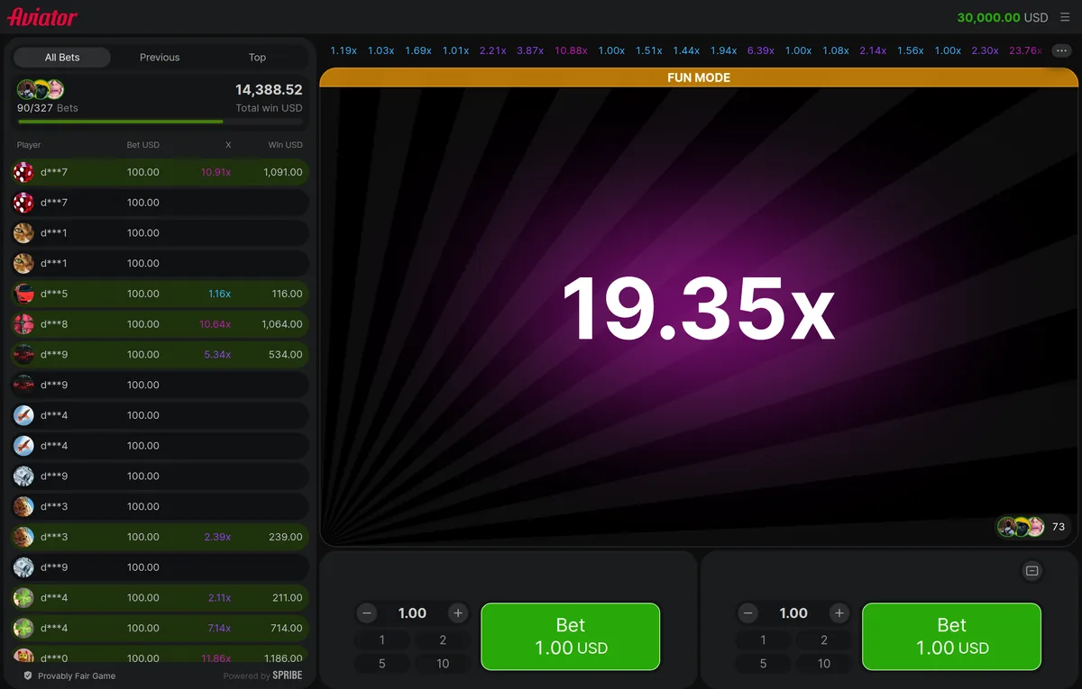 Aviator in mid-round with the multiplier at 19.35x