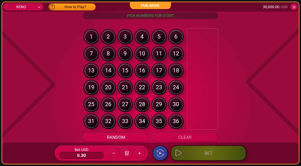 A keno board of thirty-six numbers awaiting a selection