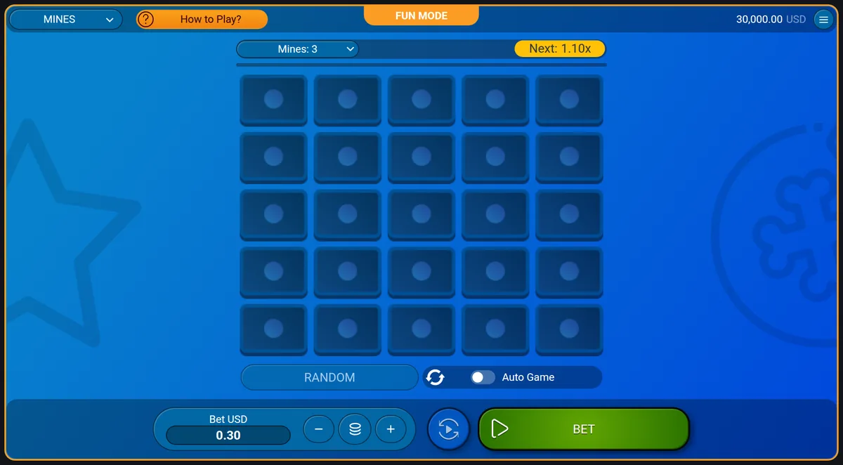 A Mines grid with three mines set and the next multiplier shown