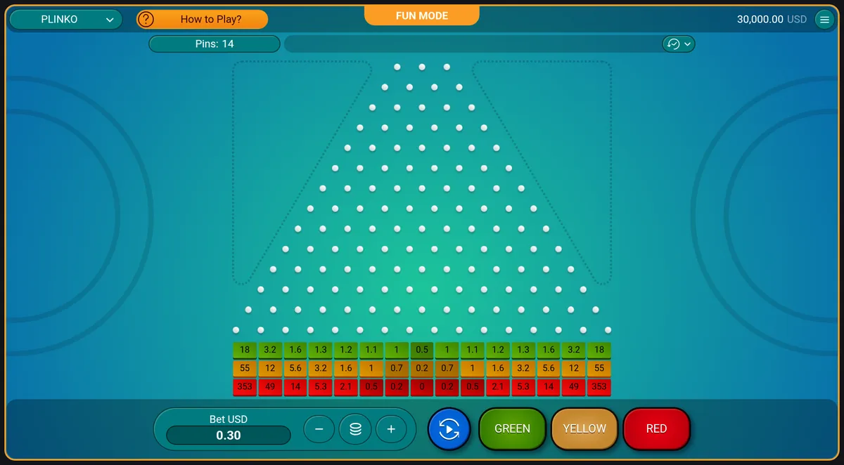 A Plinko board with fourteen pin rows and the payout strip beneath